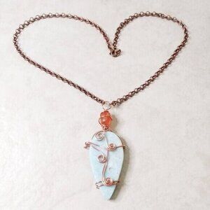 HUGE! Wire Wrapped Amazonite & Dragonvein Agate Pendant + Copper Chain Necklace